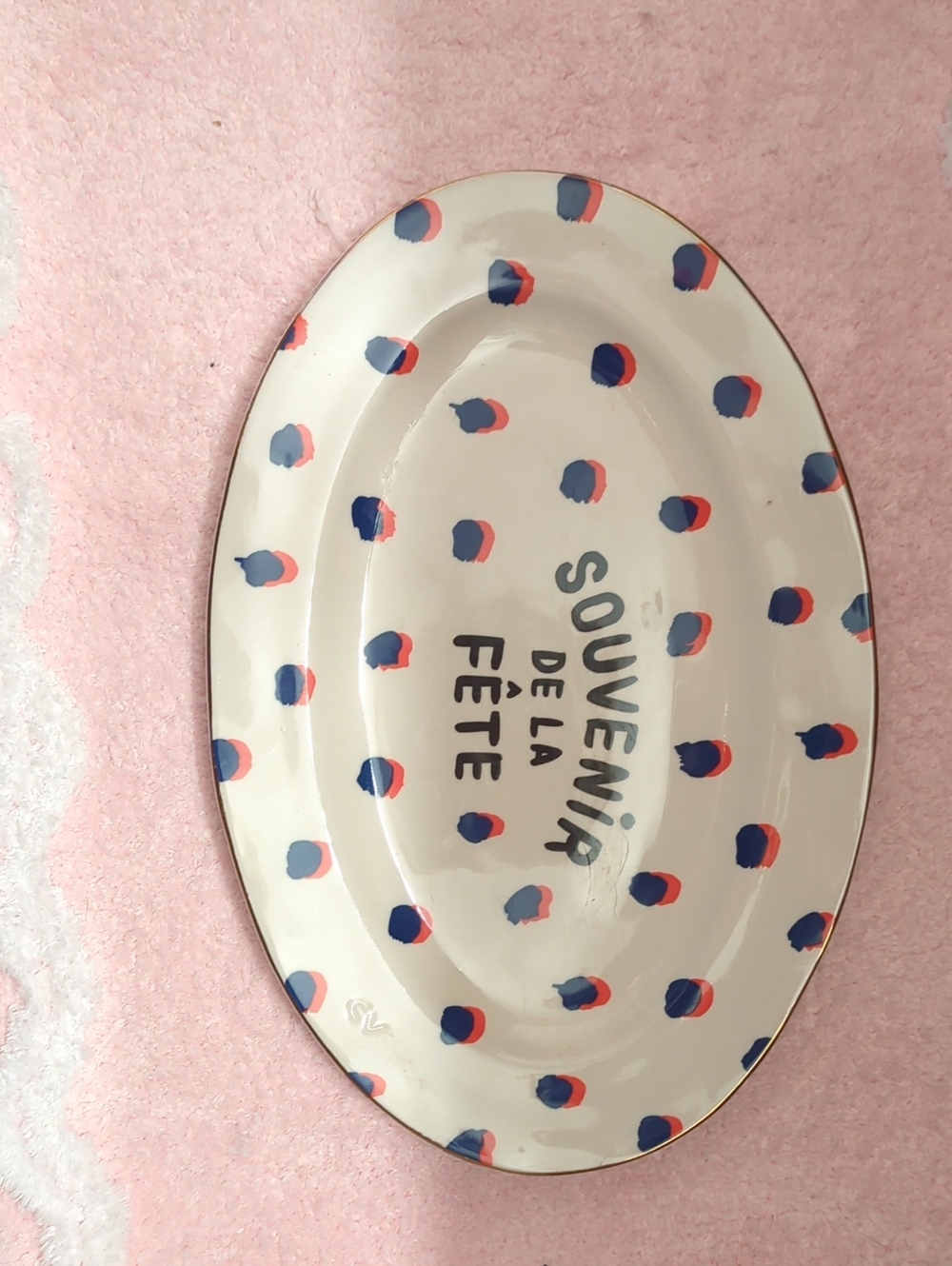 Anthropologie White Ceramic Oval Dish with Blue and Pink Dot Pattern